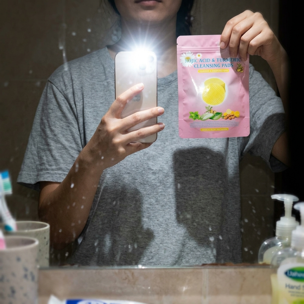 Holding the pouch up to the bathroom mirror