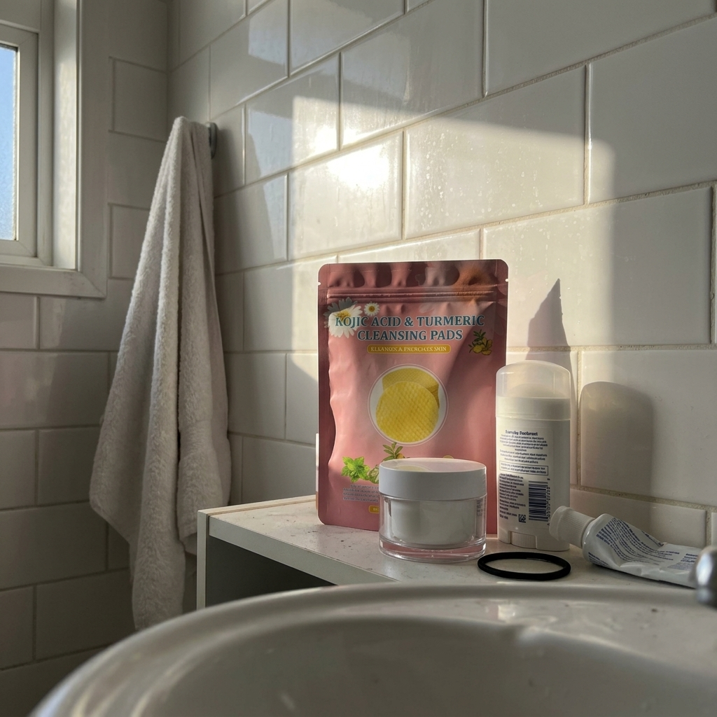 The pouch on a bathroom shelf in morning light