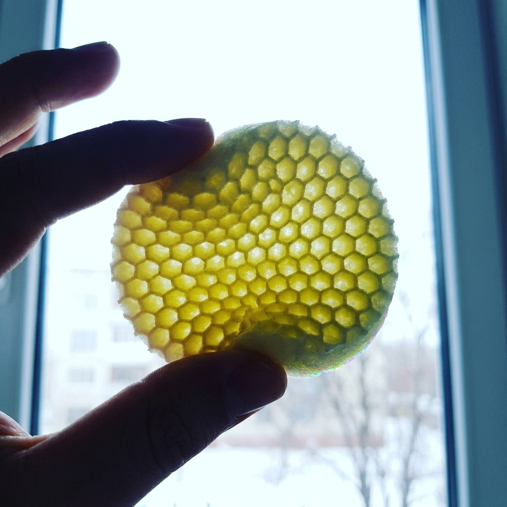A pad held up to the light showing the honeycomb texture